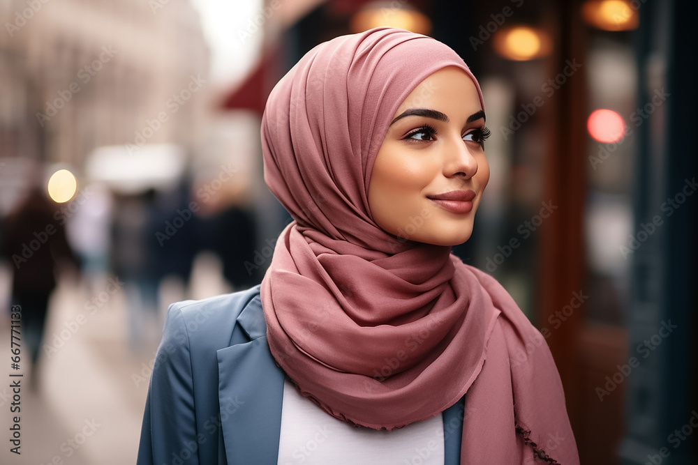 A young beautiful Islamic teenage girl, wearing a pink, purple hijab stands at the public space in a night big city with a smile on her face portrait, Generative AI. A young beautiful Islamic teenage girl, wearing a pink, purple hijab stands at the public space in a night big city with a smile on her face portrait, Generative AI.