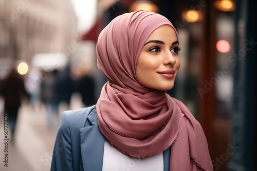 A young beautiful Islamic teenage girl, wearing a pink, purple hijab stands at the public space in a night big city with a smile on her face portrait, Generative AI. photo