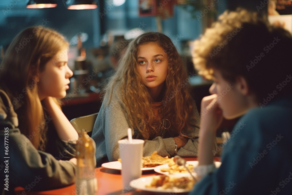 Teenagers in cafe talking about something
