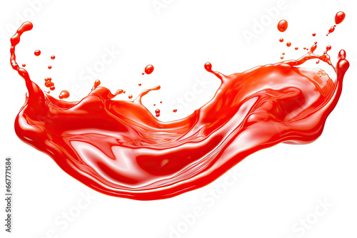Red Ketchup or tomato sauce splash on the air with little catsup blobs isolated on clear png background, wave swirl of tomato ketchup, sauce liquid flowing wavy form. photo