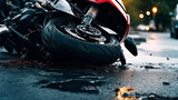 The motorcycle lies on the sidewalk after a road trip. Severe accident. Accident, close-up. AI Generated