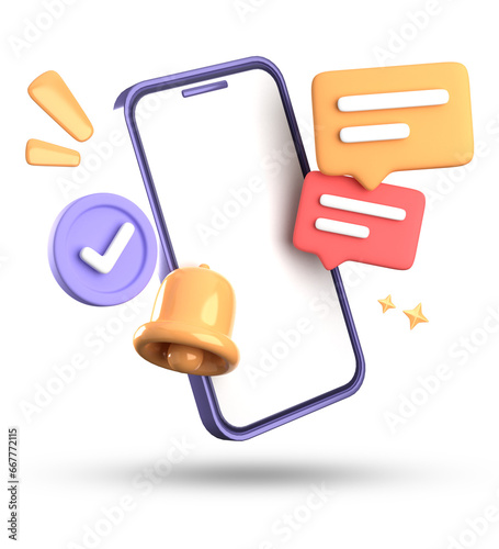 3d rendering of smartphone and bell notification, 3D pastel icon set.