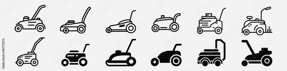 Naklejka premium Lawn Mowers icon, Lawn Mower Machine Icon Outline Vector, lawn mower Icon, Various types of lawn mowers, gardening grass-cutter. Lawn mower machine. Farm lawnmowers logo, riding garden tractor 