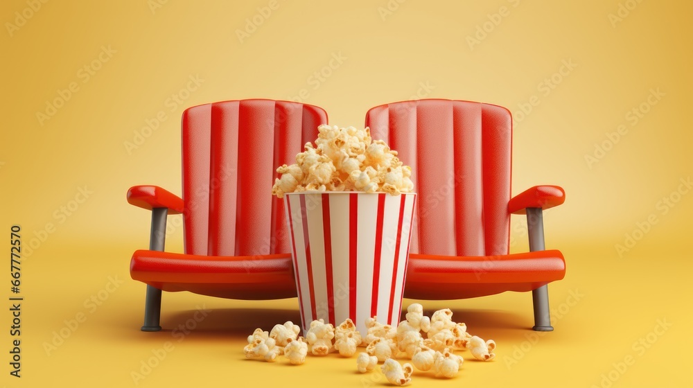 Two red cinema chairs with fizzy drink and box of popcorn over white background.