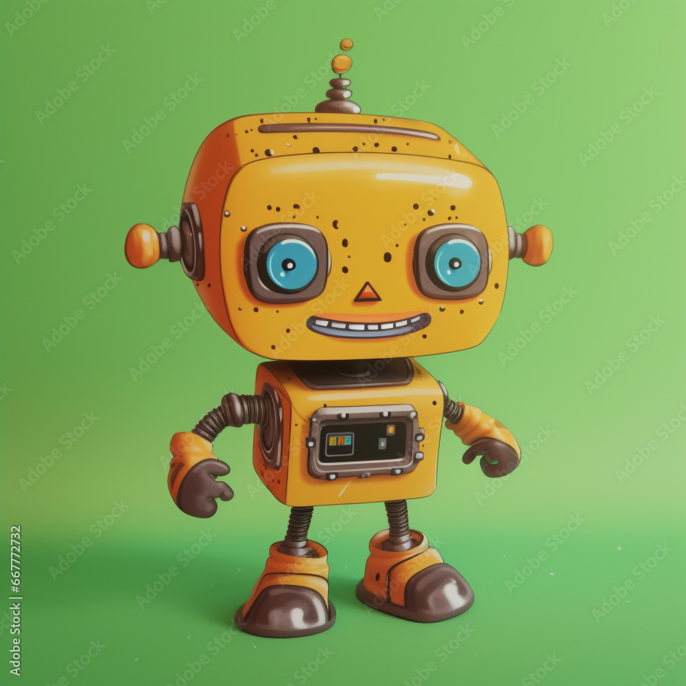 A cute little robot with a friendly character isolated on a solid background. Retro cartoon style robot design. A cute little robot with a friendly character isolated on a solid background. Retro cartoon style robot design.