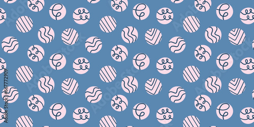 Christmas balls seamless pattern. Modern Xmas design in blue and pink colors in naive style. Hand drawn doodle pattern for gift packaging, wrapping paper, textile. Christmas background