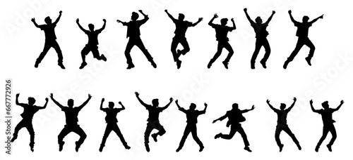 set of silhouettes of people happy vibes. man jumping and dancing. isolated on a white background.