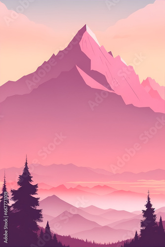 Misty mountains at sunset in pink tone, vertical composition