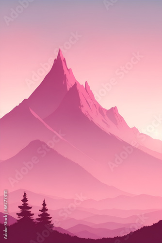 Misty mountains at sunset in pink tone  vertical composition