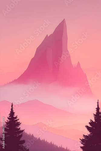 Misty mountains at sunset in pink tone, vertical composition