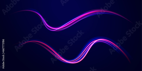 Neon light effect on a winding street. Speed light streaks vector background with blurred fast moving light effect, blue purple colors on black.