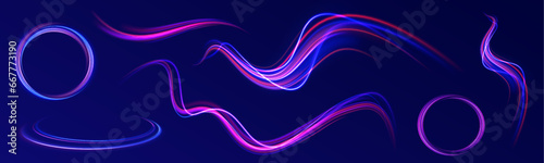 Light trail wave, fire path trace line, car lights, optic fiber and incandescence curve twirl. Vector illustration of high speed light effect on blue background. 