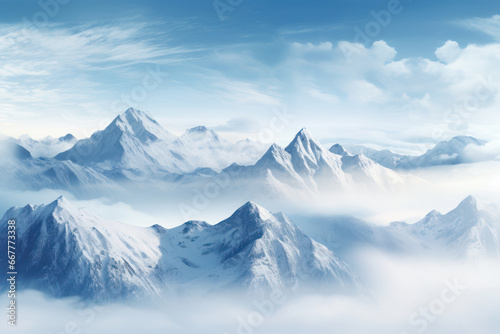 Snow covered mountain peaks with a clear area for Christmas holiday wishes winter background. Generative AI