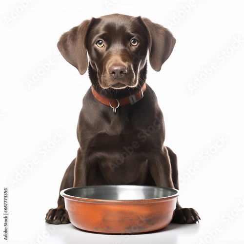Hungry dog, dog is sitting near an empty bowl, close-up portrait on white, dog wants to eat, for advertising pet products, food