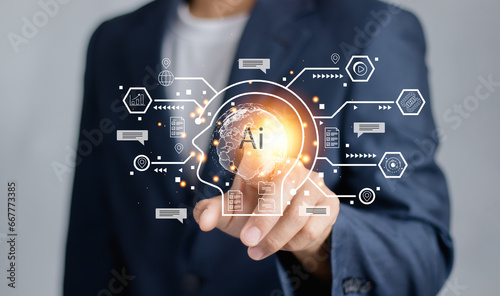 man using technology smart robot AI, Chatbot Chat with AI, Artificial Intelligence. artificial intelligence by enter command prompt for generates something, Futuristic technology transformation..