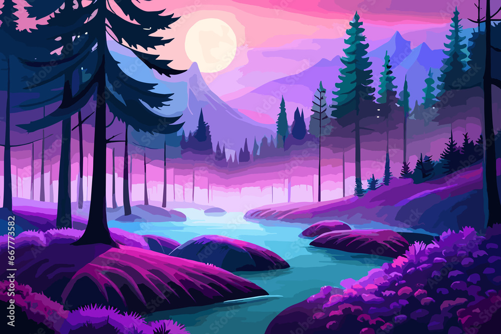 Beautiful landscape of forest and river at night, full moon and mountains, Vector illustration, generative ai
