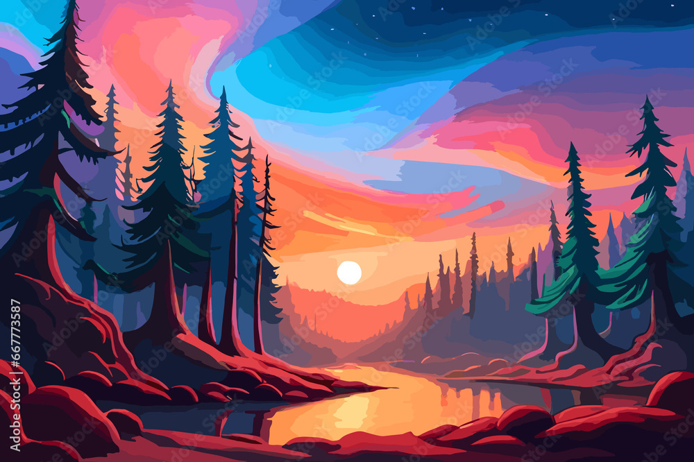 Fantasy landscape with river and forest at sunset. Vector illustration, beautiful pine tree forest, generative ai