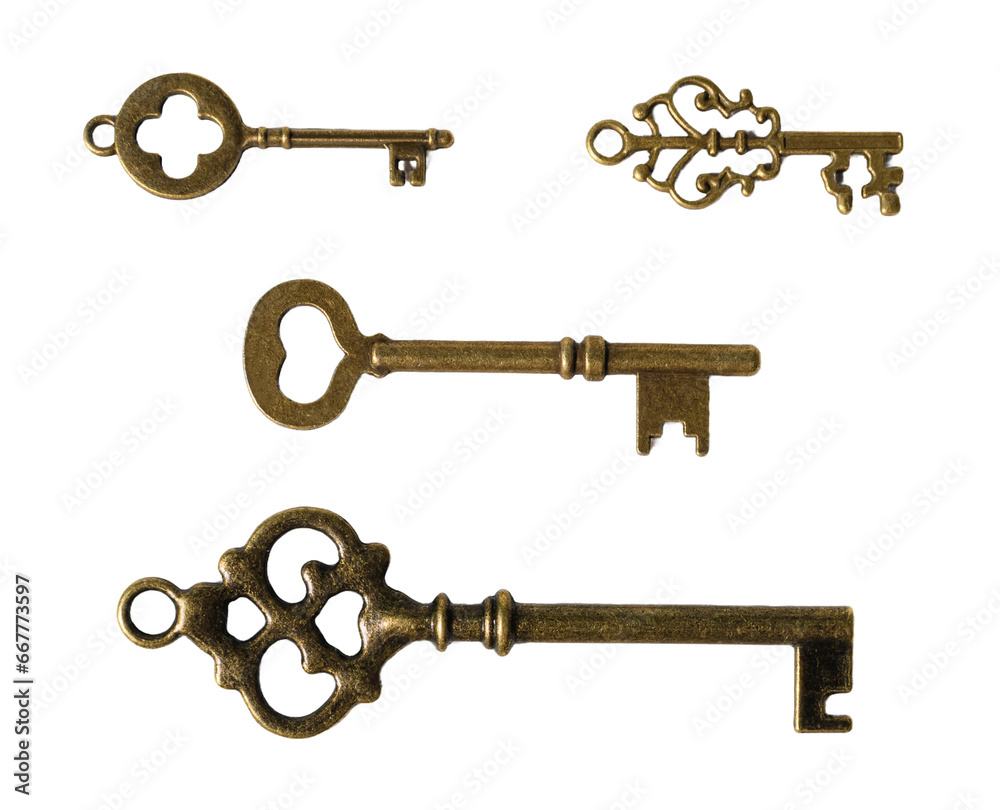 Antique bronze keys, isolated on white or transparent background. Antique bronze keys, isolated on white or transparent background.