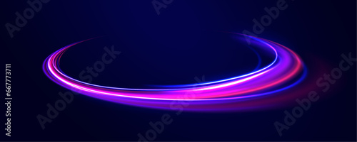 Neon light effect on a winding street. Speed light streaks vector background with blurred fast moving light effect, blue purple colors on black.