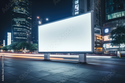 A blank white billboard integrated into a smart city environment, demonstrating the future of urban technology and the potential for advertising in a digitally connected cityscape. Generative AI