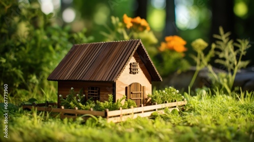 Miniature wooden house set in a natural garden scene.