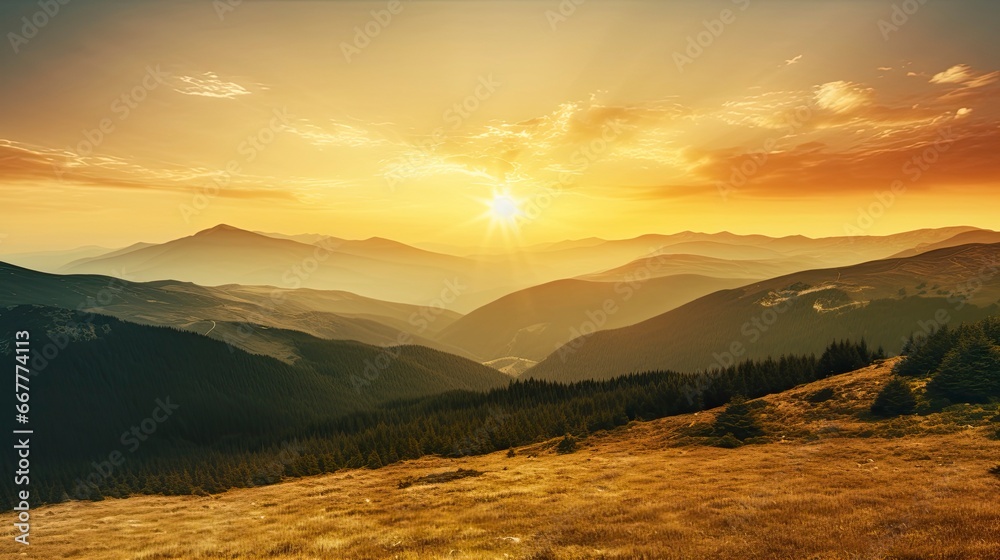 Obraz premium Mountain landscape at sunset, Generative AI