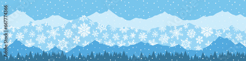 Stylized winter landscape, mountains and forest, snowfall and snowflakes, seamless border