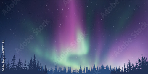 Contour of trees against the background of aurora borealis, winter holiday illustration