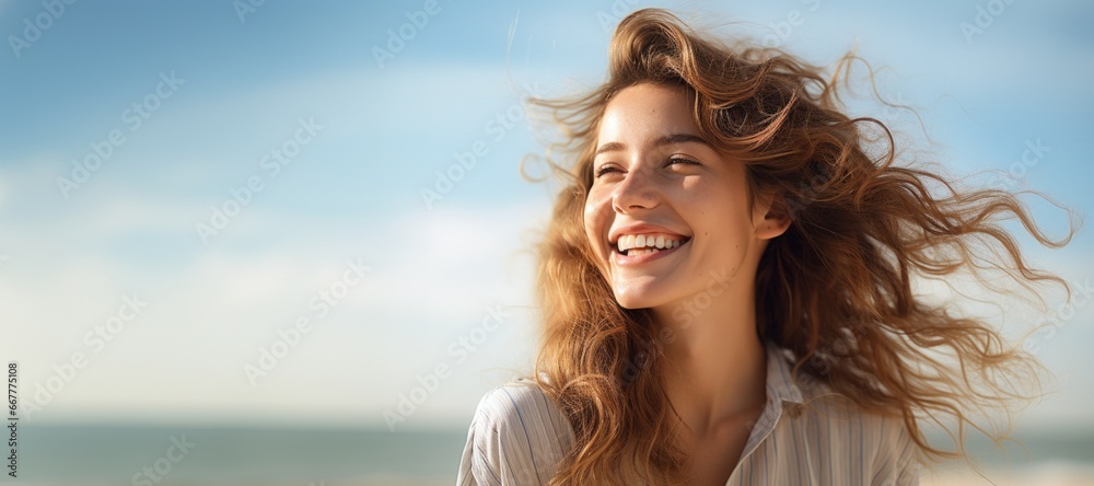 Woman smiling by the ocean
