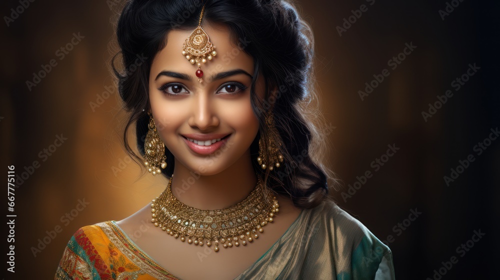 Portrait of a beautiful Indian girl in traditional costume with Kundan jewelry. in happy Diwali - obrazy, fototapety, plakaty 
