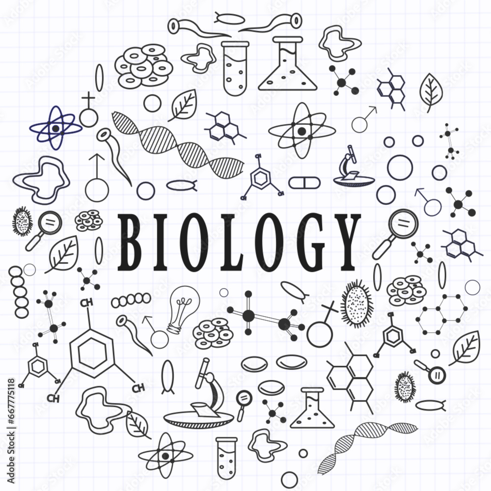 Hand drawing Biology education doodle icon idea set