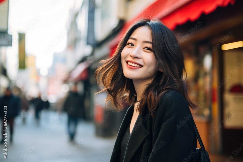 Asian woman smiling happy face on city street Asian woman smiling happy face on city street