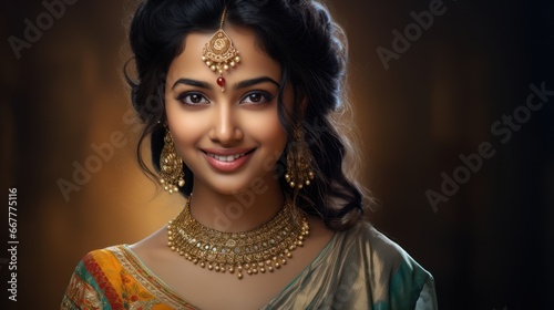 Portrait of a beautiful Indian girl in traditional costume with Kundan jewelry. in happy Diwali photo