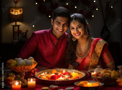 Couples celebrate in happy Diwali with Traditional Diya lamps lit during the Diwali celebration.