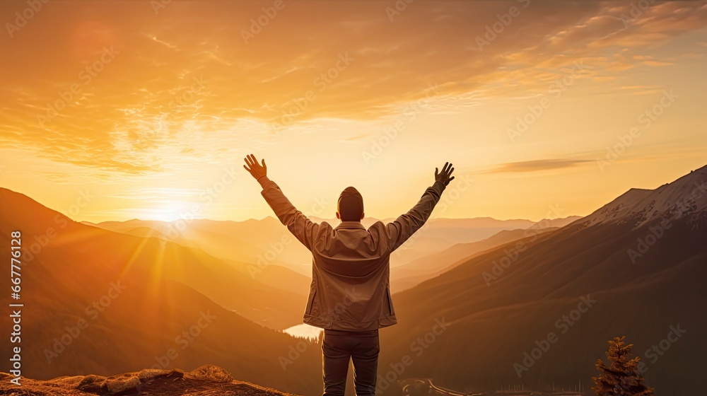 Positive man celebrating with arms raised up at Mountain landscape at sunset, Generative AI