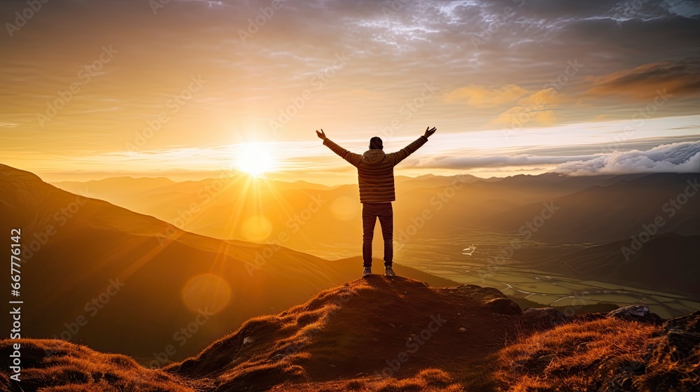 Positive man celebrating with arms raised up at Mountain landscape at sunset, Generative AI Positive man celebrating with arms raised up at Mountain landscape at sunset, Generative AI