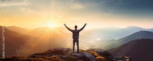 Positive man celebrating with arms raised up at Mountain landscape at sunset, Generative AI