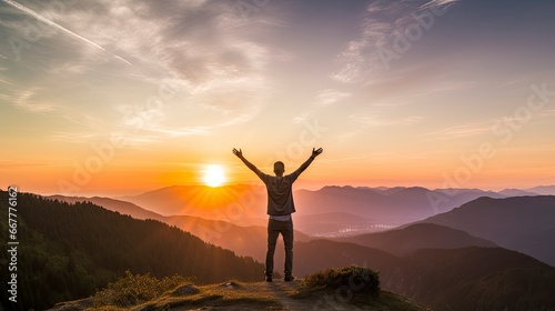 Positive man celebrating with arms raised up at Mountain landscape at sunset  Generative AI