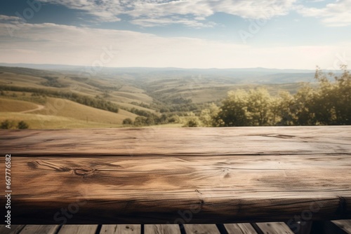 A rustic wooden table with a blurry backdrop of a rural landscape. Generative AI
