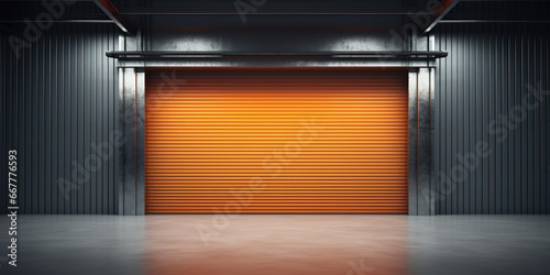 Roller door or roller shutter, concrete floor in industrial building i.e. modern factory, plant, warehouse, shop, garage or store. Include lighting at night. Nobody and empty space for background.