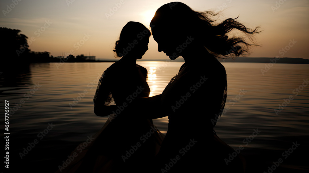 photo portrait of two women complicity during their wedding, a loving and intimate moment outdoors after their wedding ceremony, romance in shadow at sunset, two women loving and kissing