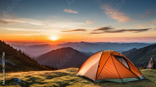 tent at Mountain landscape at sunset, Generative AI