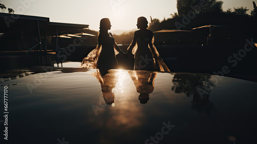 Two Women United in Matrimony, love story between modern and tradition, festive moment at sunset in white wedding dress
