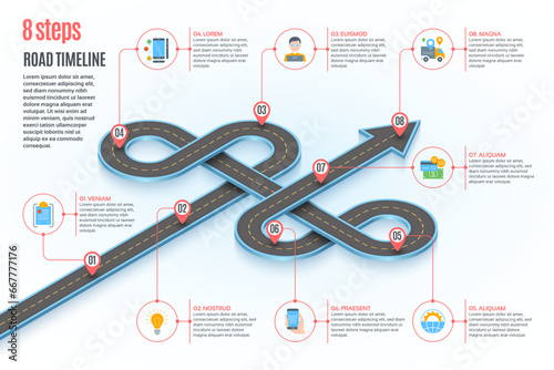 Isometric navigation map infographic 8 steps timeline concept. Winding road.