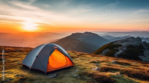 tent at Mountain landscape at sunset, Generative AI
