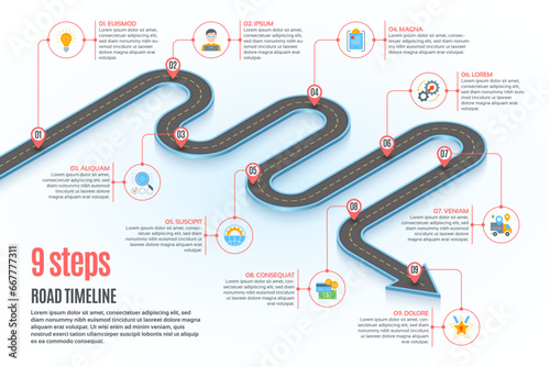 Isometric navigation map infographic 9 steps timeline concept. Winding road.