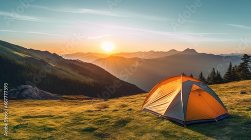 tent at Mountain landscape at sunset  Generative AI