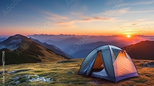 tent at Mountain landscape at sunset, Generative AI