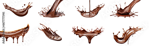 Collection of chocolate and cocoa milk wave splashes, isolated dessert swirl drink or flow stream with splatters, isolated on a transparent background. PNG cutout or clipping path.