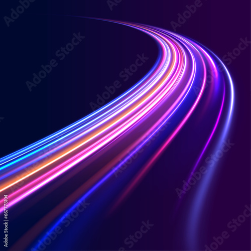 Acceleration speed motion on night road. Laser beams luminous abstract sparkling isolated on a transparent background. Magic moving fast speed police lines.	